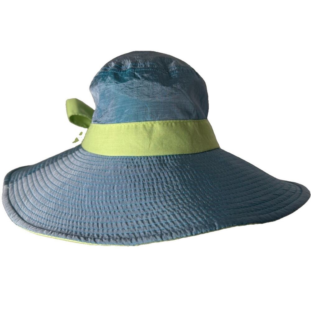 Two For Tea Silk Cotton Wide Brim Sun Hat Blue Green Bow Cupcake Logo
